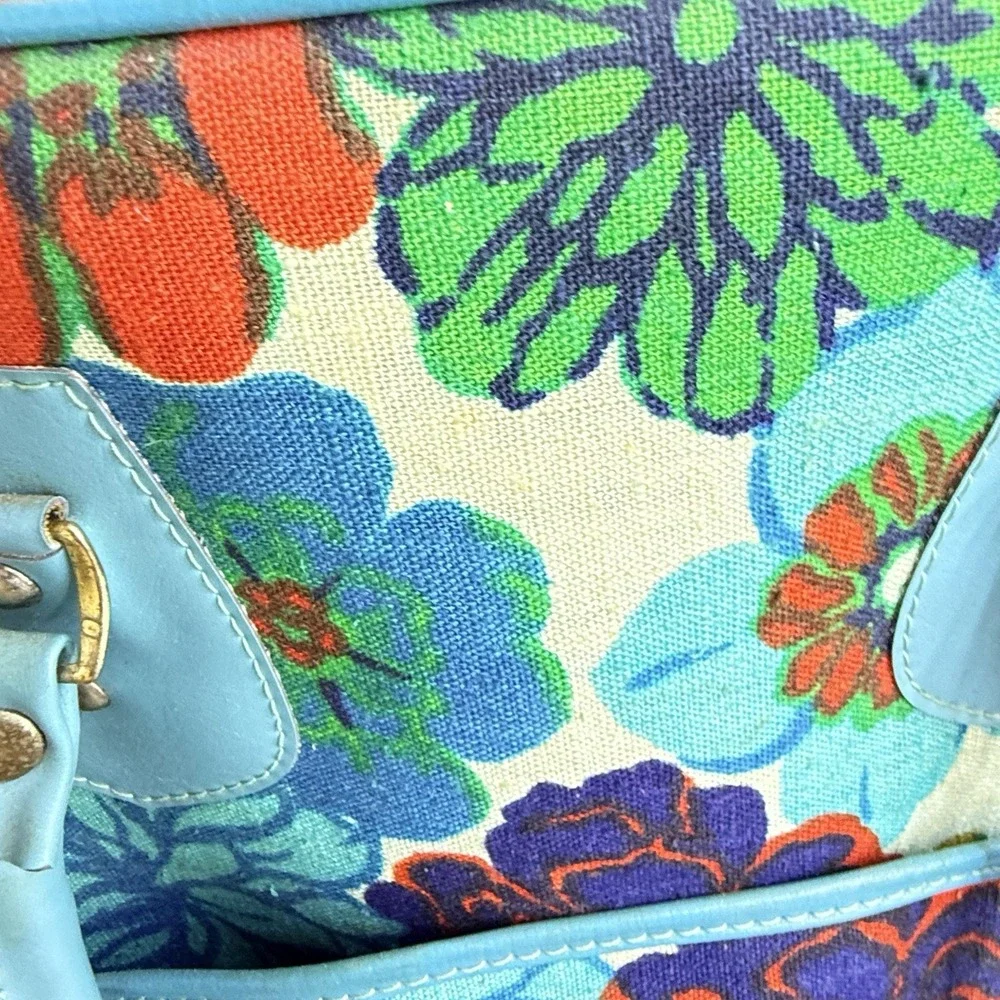 Rare Vintage 1960s Japanese Mod Floral Bowling Bag Embossed Turquoise Canvas